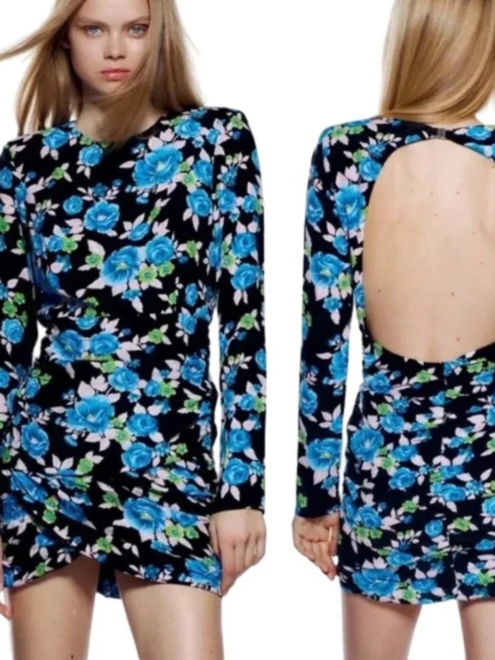 Zara Floral Open-Back Long Sleeve Dress